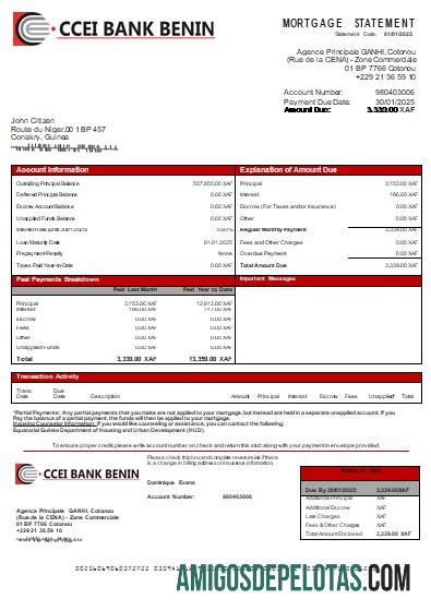 Guiné Equatorial CCEI Bank Benin Bank Declaração de hipoteca Scr amostra